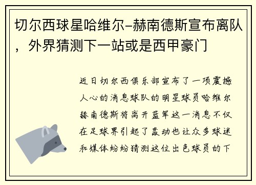 切尔西球星哈维尔-赫南德斯宣布离队，外界猜测下一站或是西甲豪门